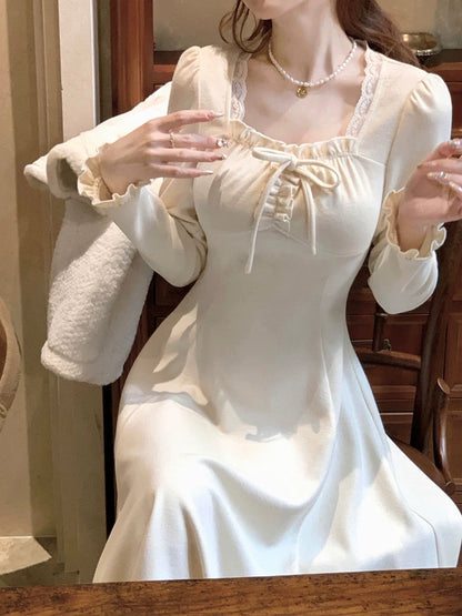 Q Girl’s White Dew Lovers/French White Knitted Long Skirt Women’s 2023 Winter Square Neck Dress