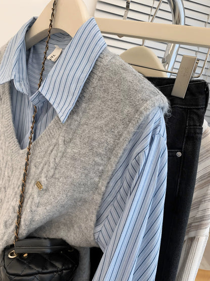 Gray V-neck sweater vest for women in spring and autumn. Small shirt with knitted vest. Layered two-piece spring outfit