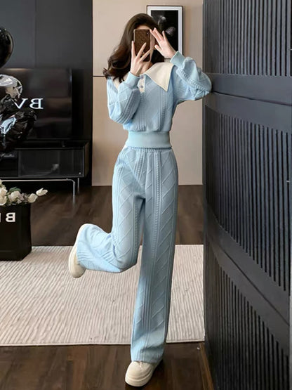 2023 autumn and winter new sweet and stylish large lapel contrasting color short top twist braided slim straight trousers suit (V6614)
