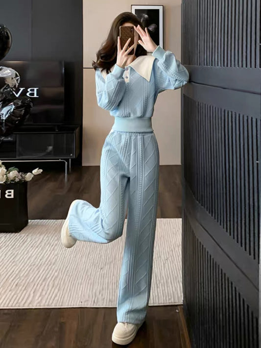 2023 autumn and winter new sweet and stylish large lapel contrasting color short top twist braided slim straight trousers suit (V6614)