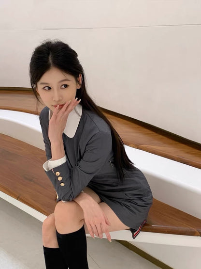 Lienni long-sleeved suit dress female design sense niche waist fake two high-end black skirt autumn