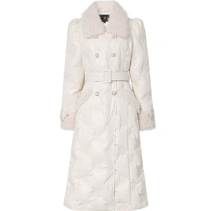 Winter 2023 new women's off-white fur collar mid-length white duck down jacket thickened waist and knee-length