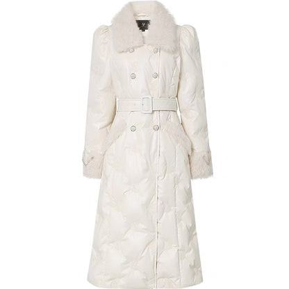 Winter 2023 new women's off-white fur collar mid-length white duck down jacket thickened waist and knee-length