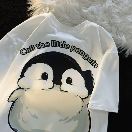 Jwneed Co-branded cartoon trendy brand Penguin T-shirt women's short-sleeved dopamine summer new vitality couple pure cotton unisex top