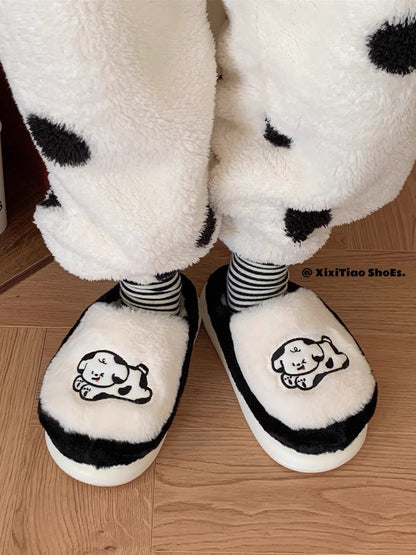 Thin strips Couple's cute black and white ins puppy cotton slippers for men and women in autumn and winter with heel and warm home confinement shoes