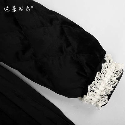 Winter women's clothing 2023 new contrast color stand collar waist mid-length down jacket black thickened white duck down trendy