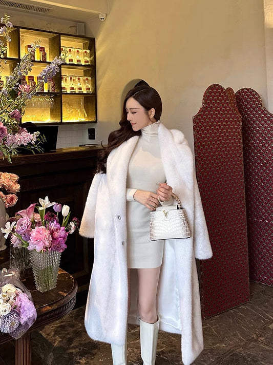 Shanxi said that the halo-dyed white suit collar is environmentally friendly fur imitation fur double-breasted coat for women long warm temperament coat (B1315)