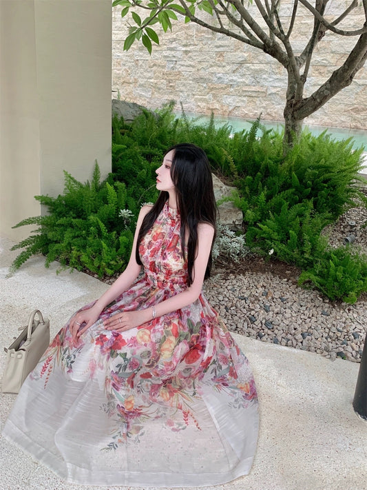 Hotdog Hot Dog is Spicy [Original Fairy Falling into the World] Flower Dress with Shaved Shoulders and Halter Neck