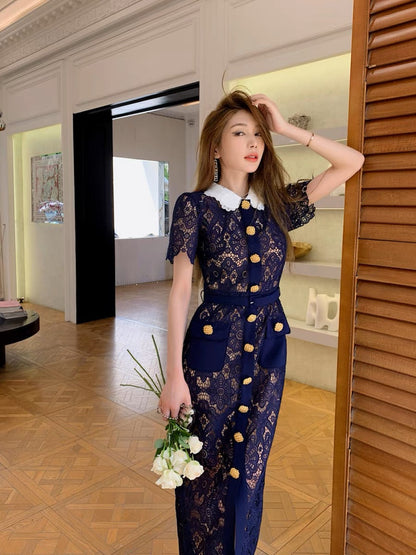 Wealthy daughter's high-end long dress, dark blue, heavy lace, contrasting color, doll collar, elegant temperament, slimming dress (D160)