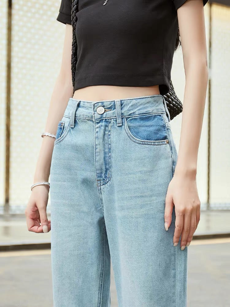 High-waisted loose straight wide-leg jeans for women with drape 2023 new autumn contrasting color slimming floor-length long pants (P125)