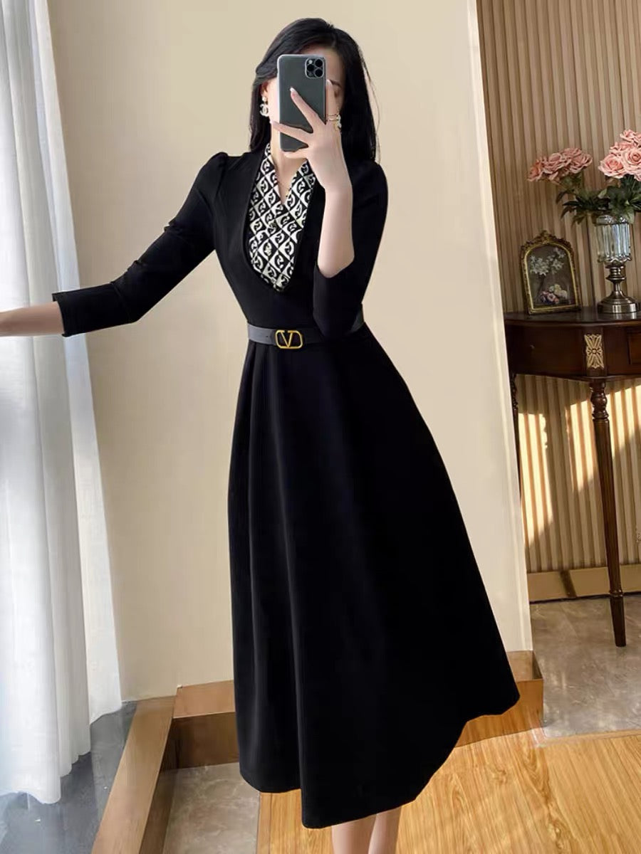 High-end professional dress for women in autumn 2023 new temperament waist slimming mid-length black long-sleeved skirt