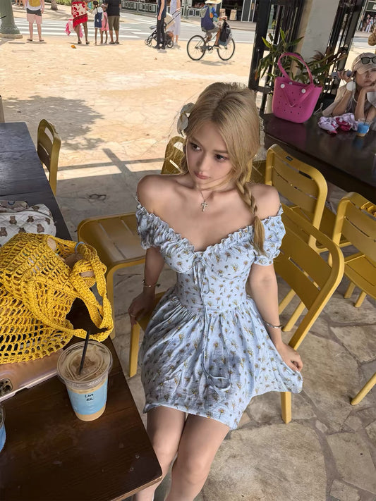 Xinlei Lin Seaside Holiday French-Style Petite Daisy Floral Linen Dress with Ruched Waist (Short)
