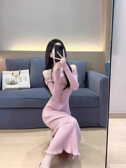Pink knitted dress autumn women's 2023 new style elegant lady mid-length one-line collar off-the-shoulder bottoming skirt (S5555)