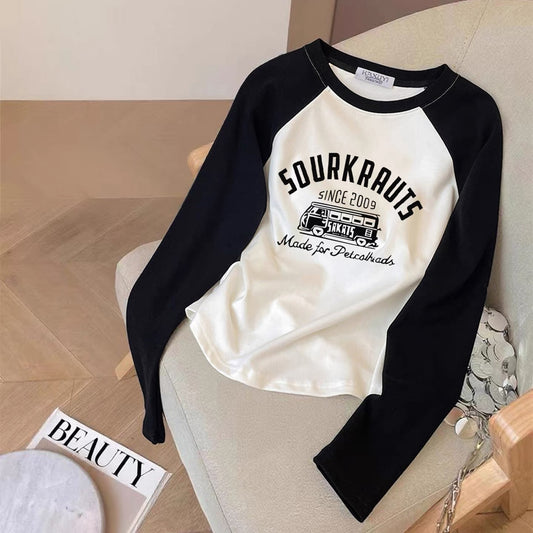 Contrast color pure cotton inner wear design sense splicing long-sleeved T-shirt female 2025 autumn and winter new European goods loose slim top M
