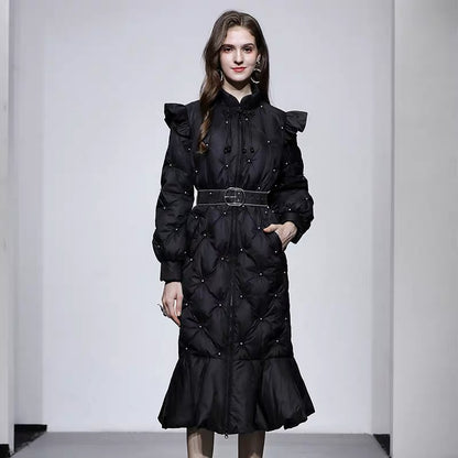 2023 winter new temperament new Chinese style stand collar lantern sleeves beaded mid-length black fishtail down jacket
