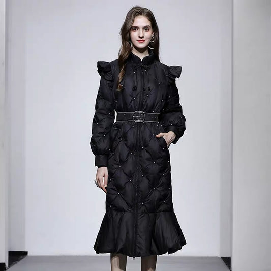 2023 winter new temperament new Chinese style stand collar lantern sleeves beaded mid-length black fishtail down jacket