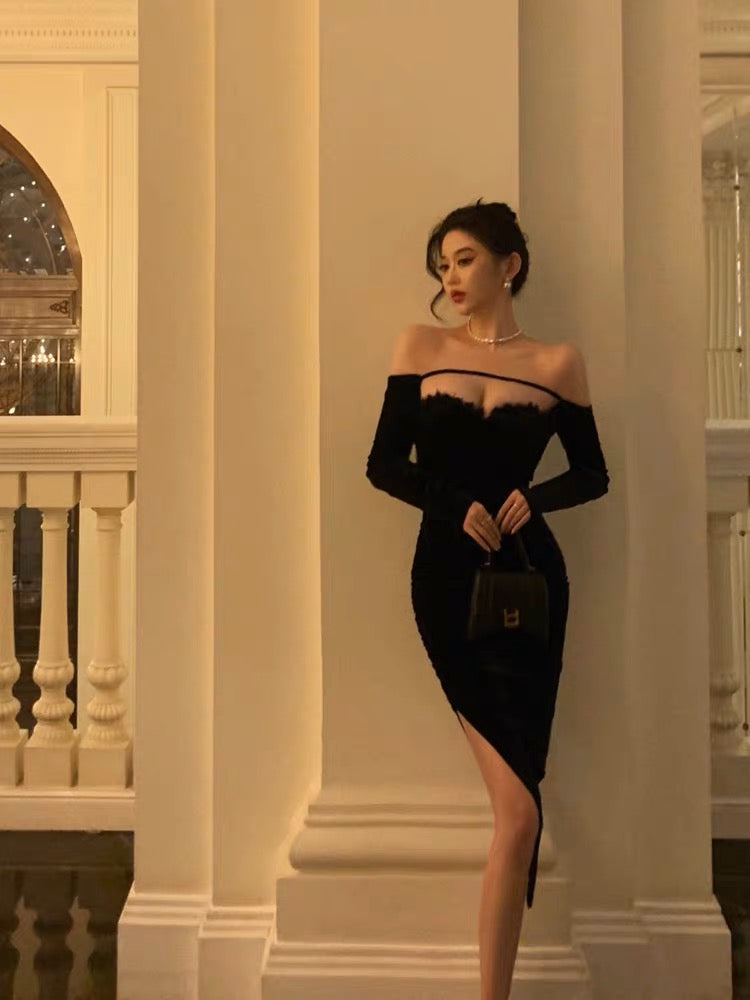 Sexy off-shoulder velvet dress for women in autumn and winter, high-end, pure lust, side-slit, slim-fitting hip little black dress