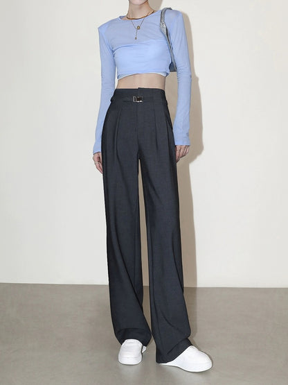 High-end narrow version wide-leg pants for women in spring, autumn and summer, high waist design, drape and slim straight-tube casual mopping wool suit