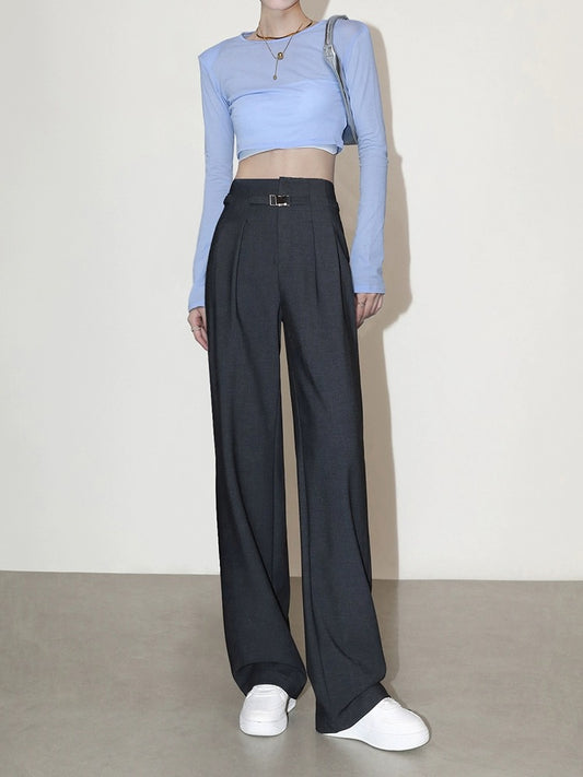 High-end narrow version wide-leg pants for women in spring, autumn and summer, high waist design, drape and slim straight-tube casual mopping wool suit