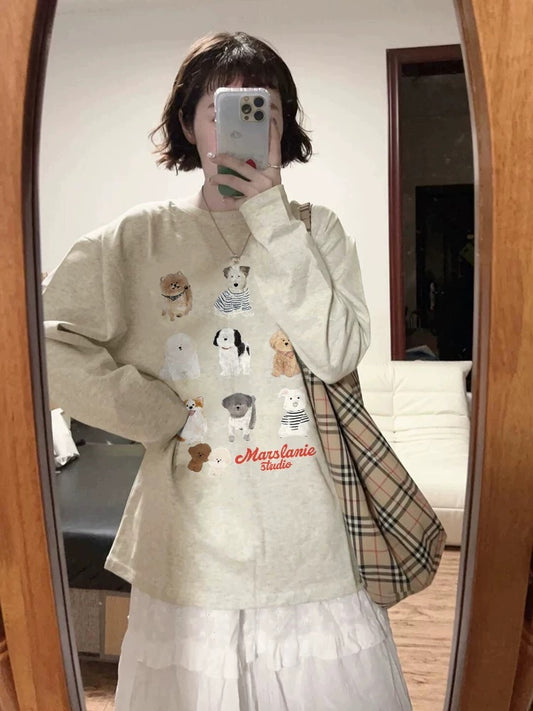 100% cotton American retro Hong Kong style chic straight shoulder long-sleeved T-shirt women's loose lazy niche design top
