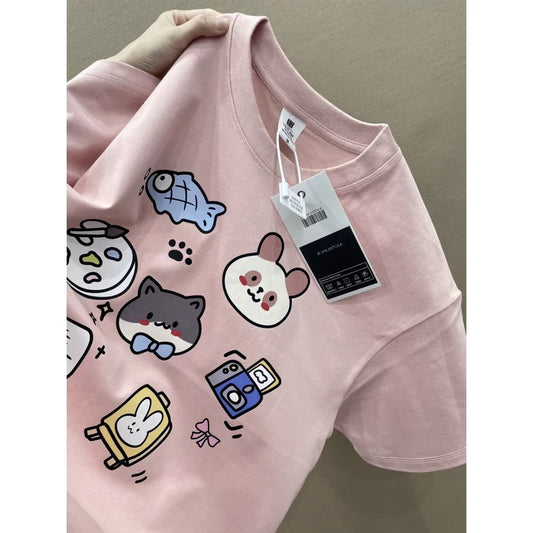 American style ins three bears printed cotton short-sleeved T-shirt men and women summer heavyweight all-match loose couple tops