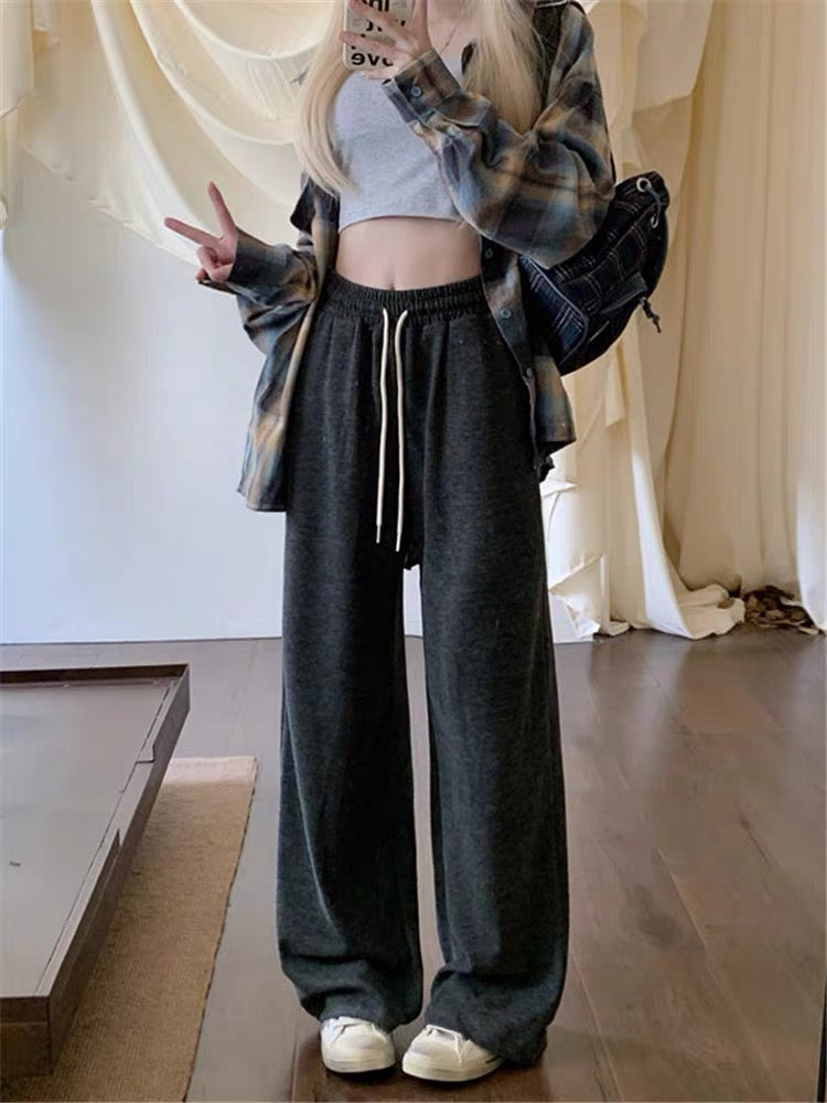 kumikumi gray casual pants for women in autumn and winter plus velvet slimming wide-leg pants straight trousers drawstring pants glutinous rice pants (B2345)