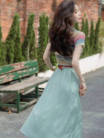 Polo collar summer ice silk college style knitted striped short-sleeved top and blue suit skirt two-piece set