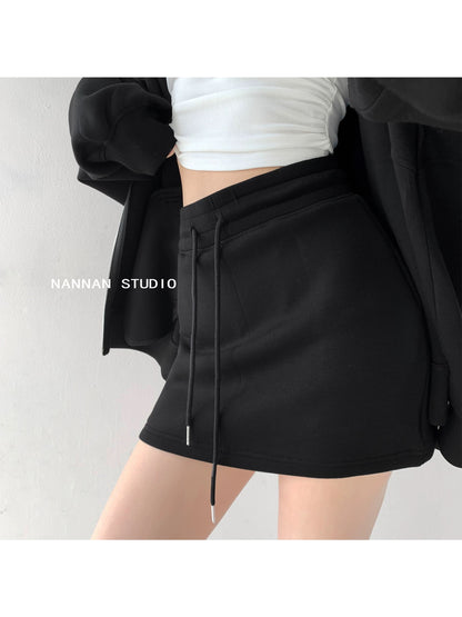 Street hottie lazy dressing tutorial loose thick hooded sweater suit women's high waist sports skirt two-piece suit