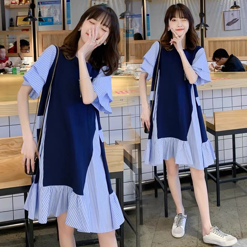 Summer new Korean style plus size maternity wear loose mid-length fake two-piece dress stylish striped A-line skirt D941