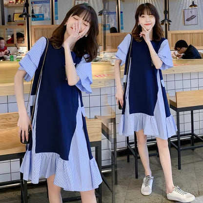 Summer new Korean style plus size maternity wear loose mid-length fake two-piece dress stylish striped A-line skirt D941