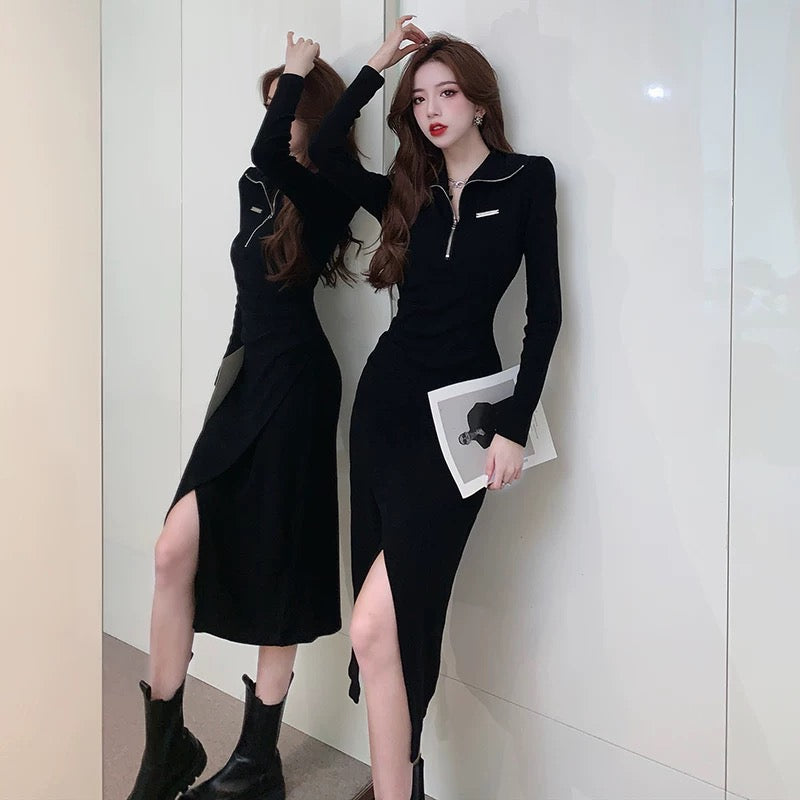 Black design stand-up collar slit slim dress female autumn and winter sweet hottie mid-length polo collar bottoming skirt