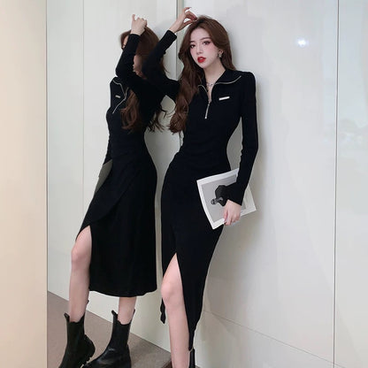 Black design stand-up collar slit slim dress female autumn and winter sweet hottie mid-length polo collar bottoming skirt