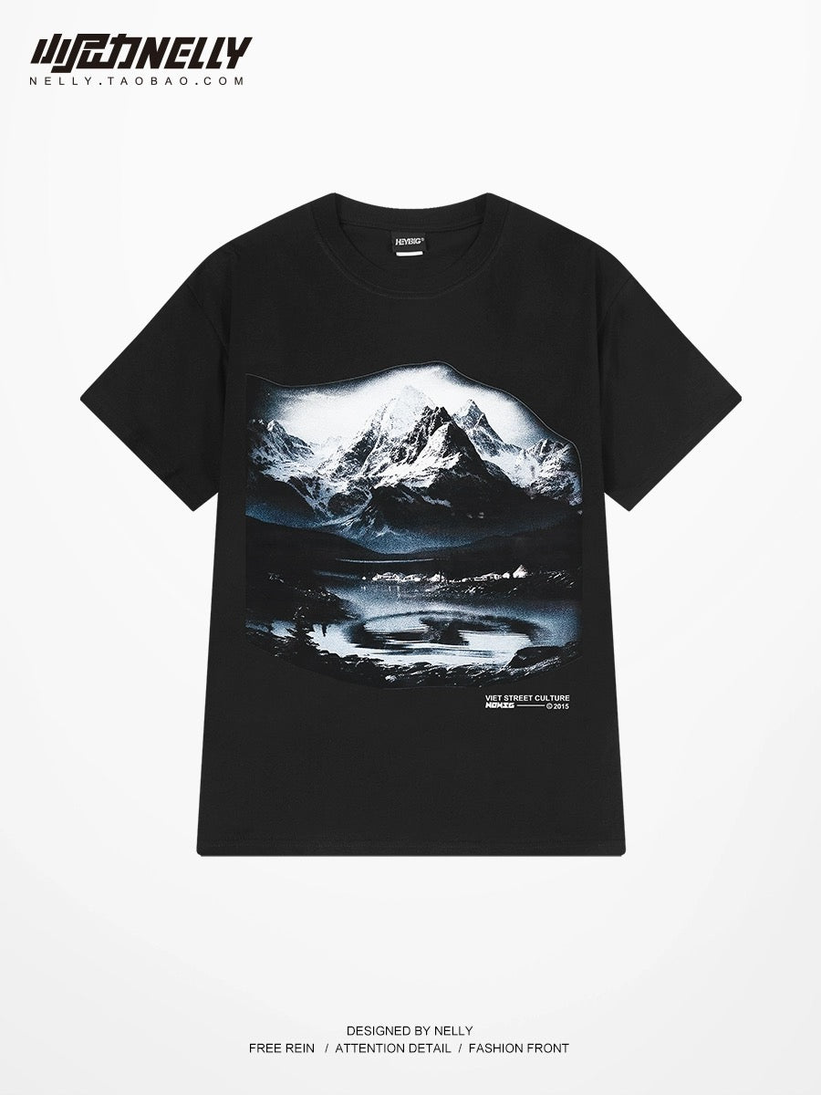 Pure cotton landscape print short-sleeved T-shirt for men and women summer 2024 new heavy loose American style boys half-sleeved top