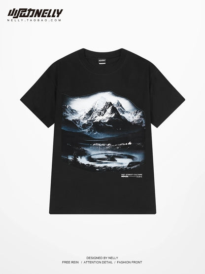 Pure cotton landscape print short-sleeved T-shirt for men and women summer 2024 new heavy loose American style boys half-sleeved top