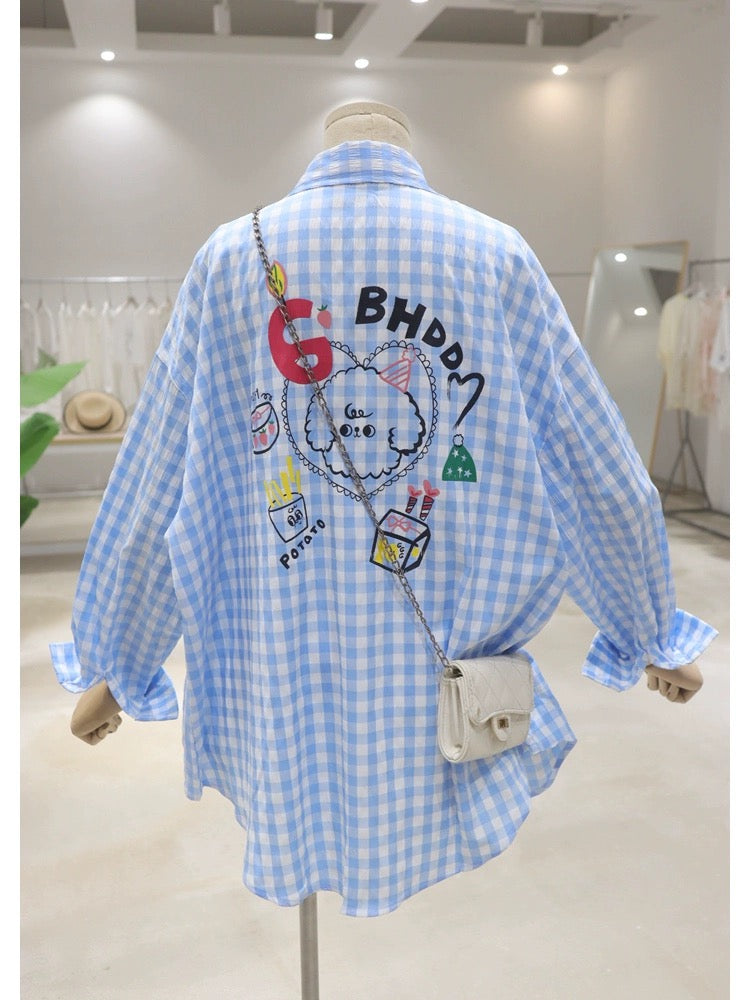 Breathable bow back cartoon lamb 2024 summer loose medium and long plaid thin long-sleeved shirt for women