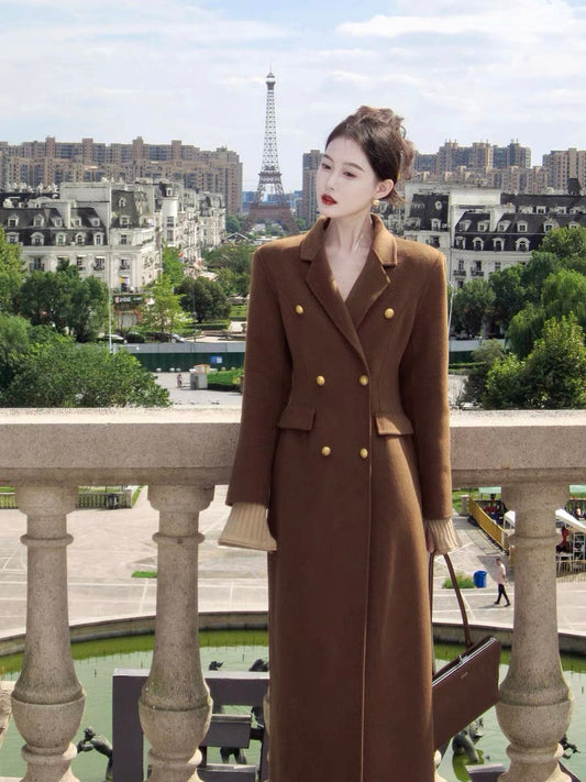 French retro brown high-end all-wool double-sided woolen coat for women in autumn and winter T2368