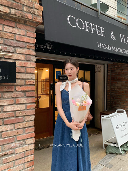 DH OFFICIAL Big Flower [Island Venus] Denim Dress Women's Summer Korean High-end Suspender Long Skirt