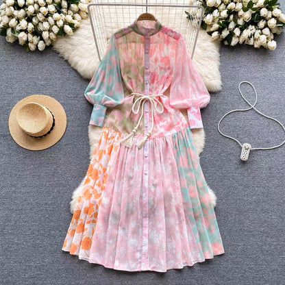 Spring and summer thin French high-end stand-up collar single-breasted lantern long-sleeved lace-up waist-length printed dress (D0981)