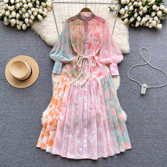 Spring and summer thin French high-end stand-up collar single-breasted lantern long-sleeved lace-up waist-length printed dress (D0981)