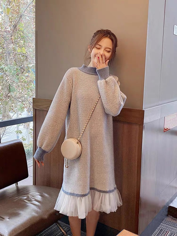 2023 autumn and winter new style spliced knitted dress for women, versatile slimming half turtleneck with coat and sweater skirt (B1412)