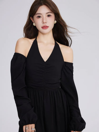 Volstagg black halter neck strapless dress for women autumn high waist Hepburn style mid-length V-neck skirt