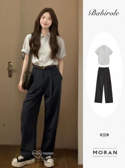 Korean commuting workplace newcomer outfit suit short-sleeved shirt suit casual pants two-piece suit petite summer