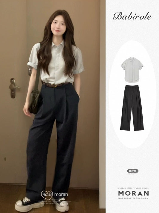 Korean commuting workplace newcomer outfit suit short-sleeved shirt suit casual pants two-piece suit petite summer