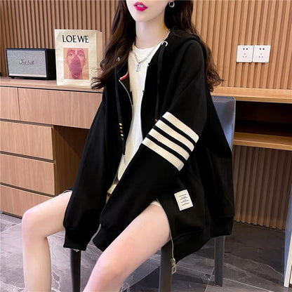 Age-reducing sports style sweatshirt cardigan for women 2023 early autumn new Korean style chic loose casual top hooded jacket (J0247)