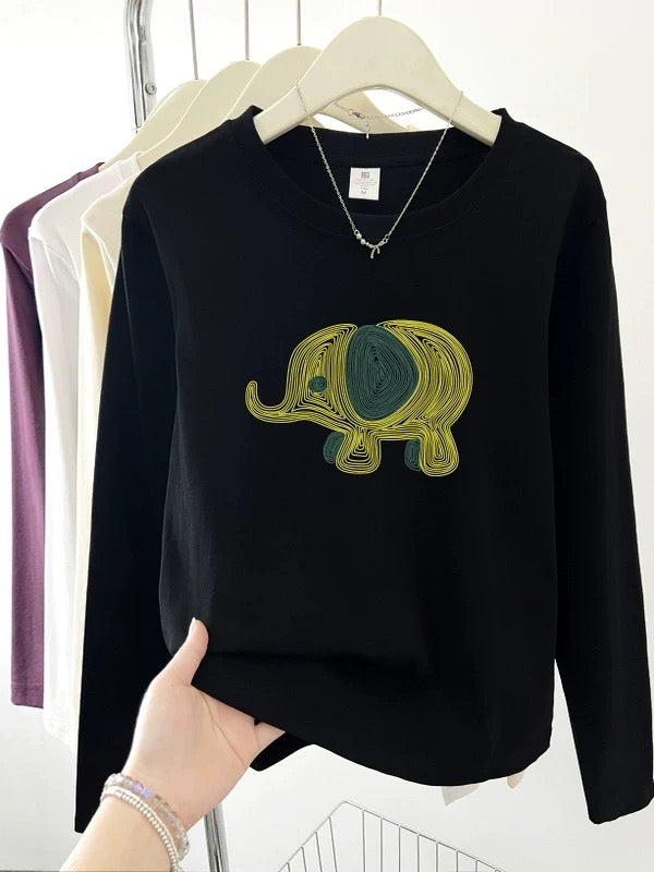 2025 Early Autumn New Style Bottoming Shirt Western Style Straight Shoulder Women's Long Sleeve T-shirt Round Neck College Style Letter Printed Top