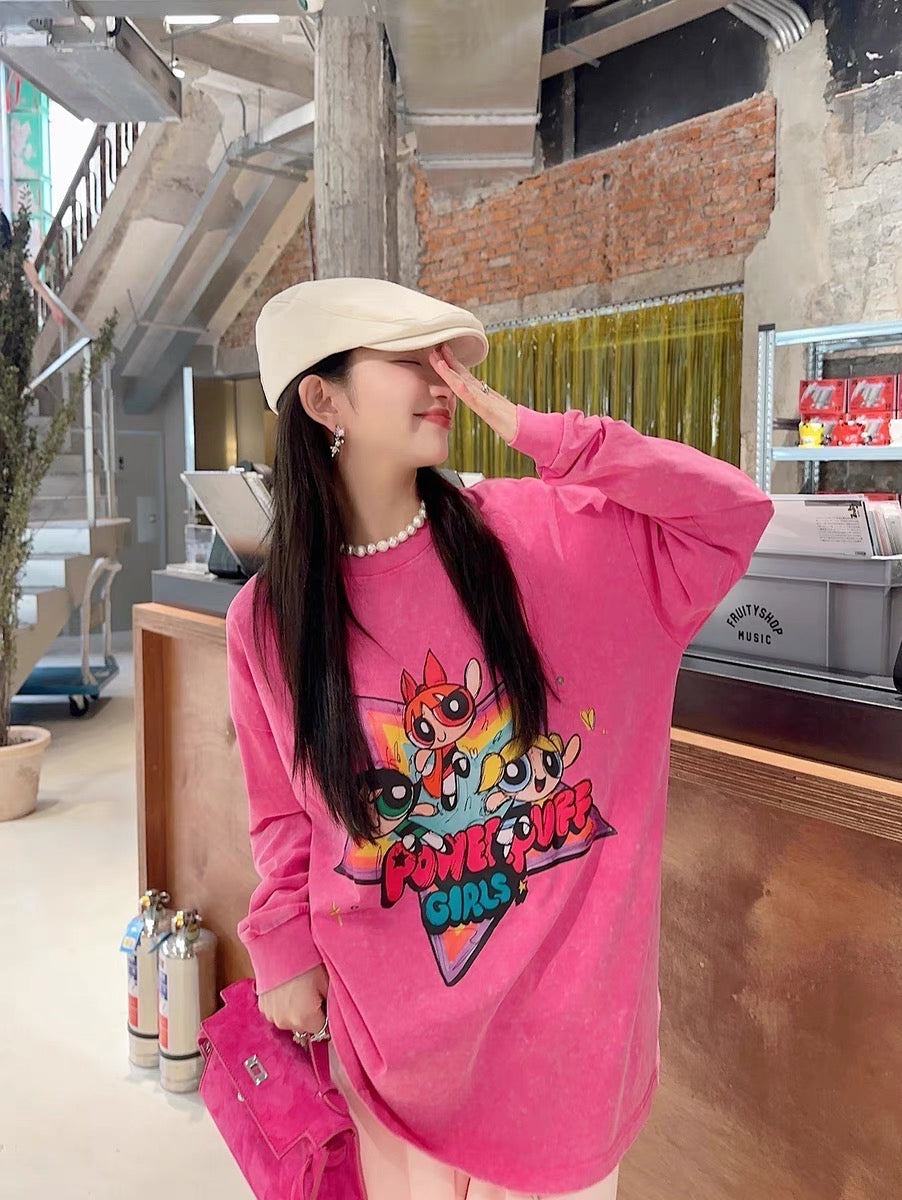 Thebestxue American loose pink Powerpuff Sheriff sleeve sweatshirt women's 2023 new popular jacket
