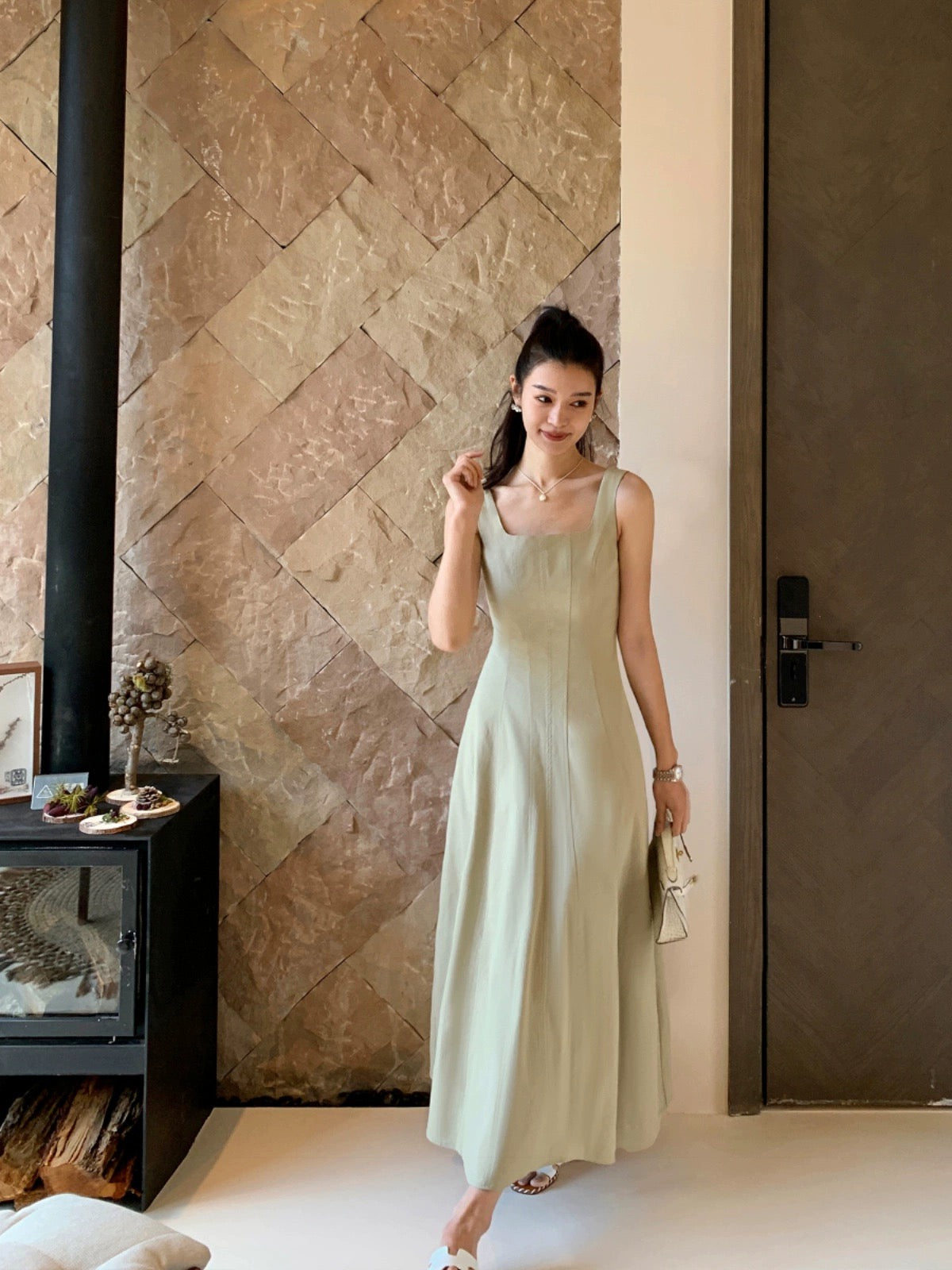 pusumede Hepburn style large U-neck suspender dress female summer new gentle temperament sleeveless waist long dress