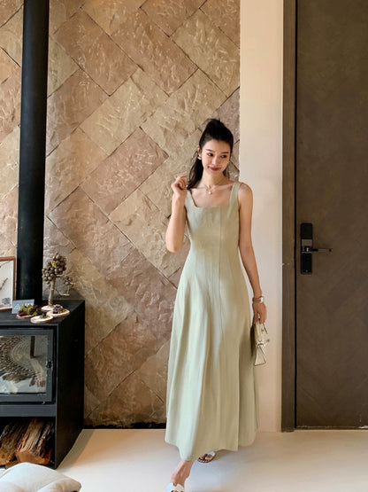 pusumede Hepburn style large U-neck suspender dress female summer new gentle temperament sleeveless waist long dress