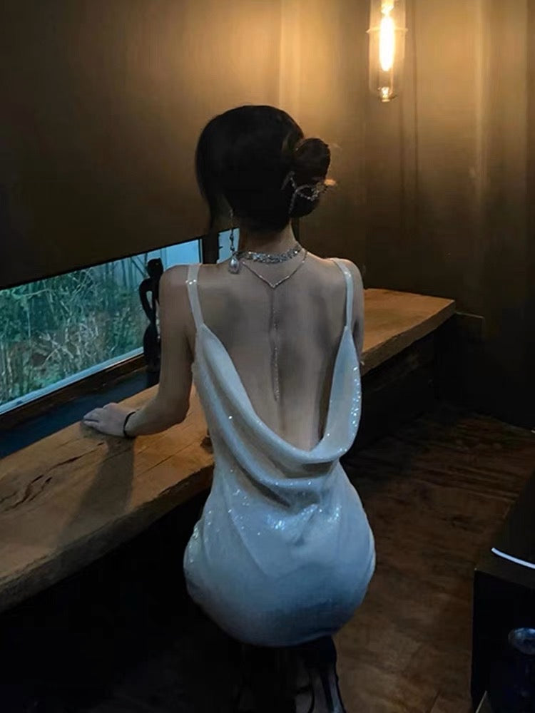 French birthday party dress skirt high-end light luxury niche celebrities sequins halter strap dress female summer