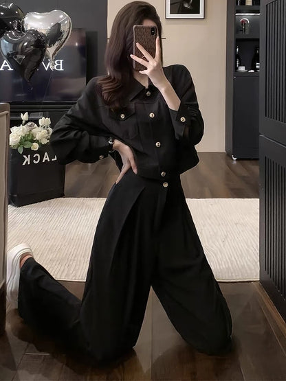 European goods 2023 spring and autumn new style acetate top women's short coat casual suit pants suit two-piece set for women